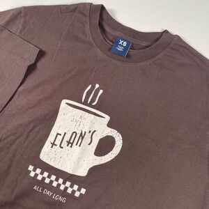 Flan Labs All Day Long Graphic T-Shirt Coffee Cup Print Brown XS - Size Runs Big